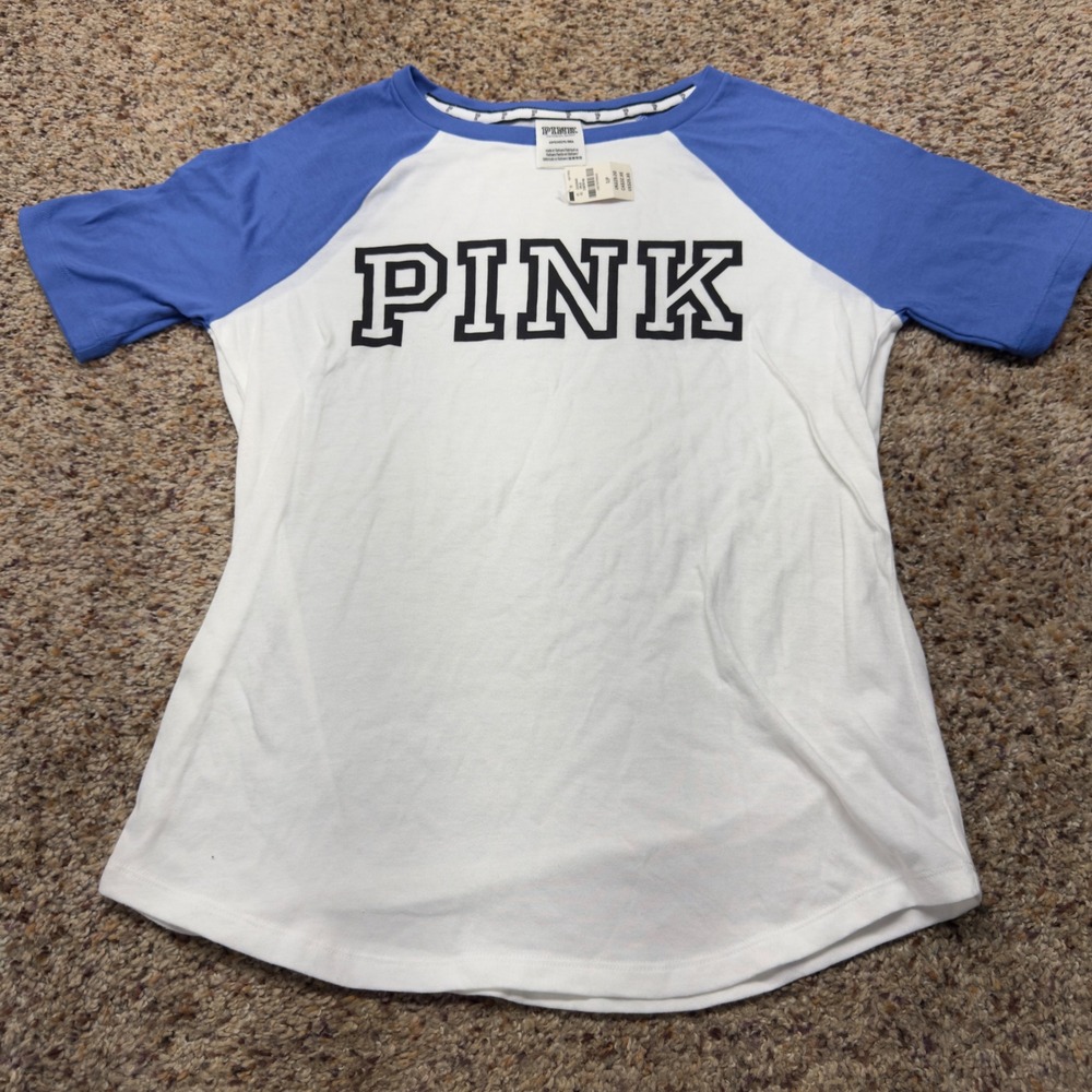 Victoria's Secret PINK Womens Small Raglan Baseball Tee Blue White Short Sleeve